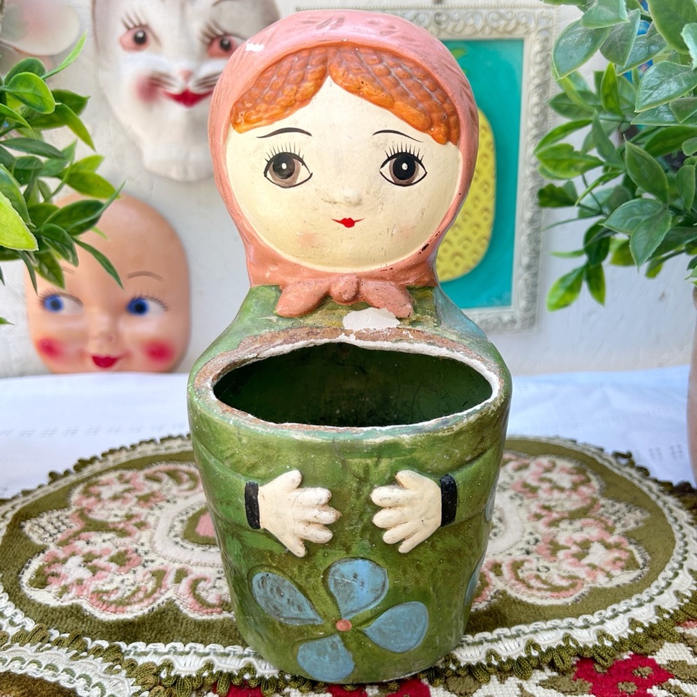 Vintage Mod Woman Lady Vanity Container Holder Retro Chalkware